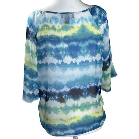 A Byer Womens Blouse Size M Blue Green Watercolor Tie-Front Sheer Open Sleeves - Picture 3 of 10